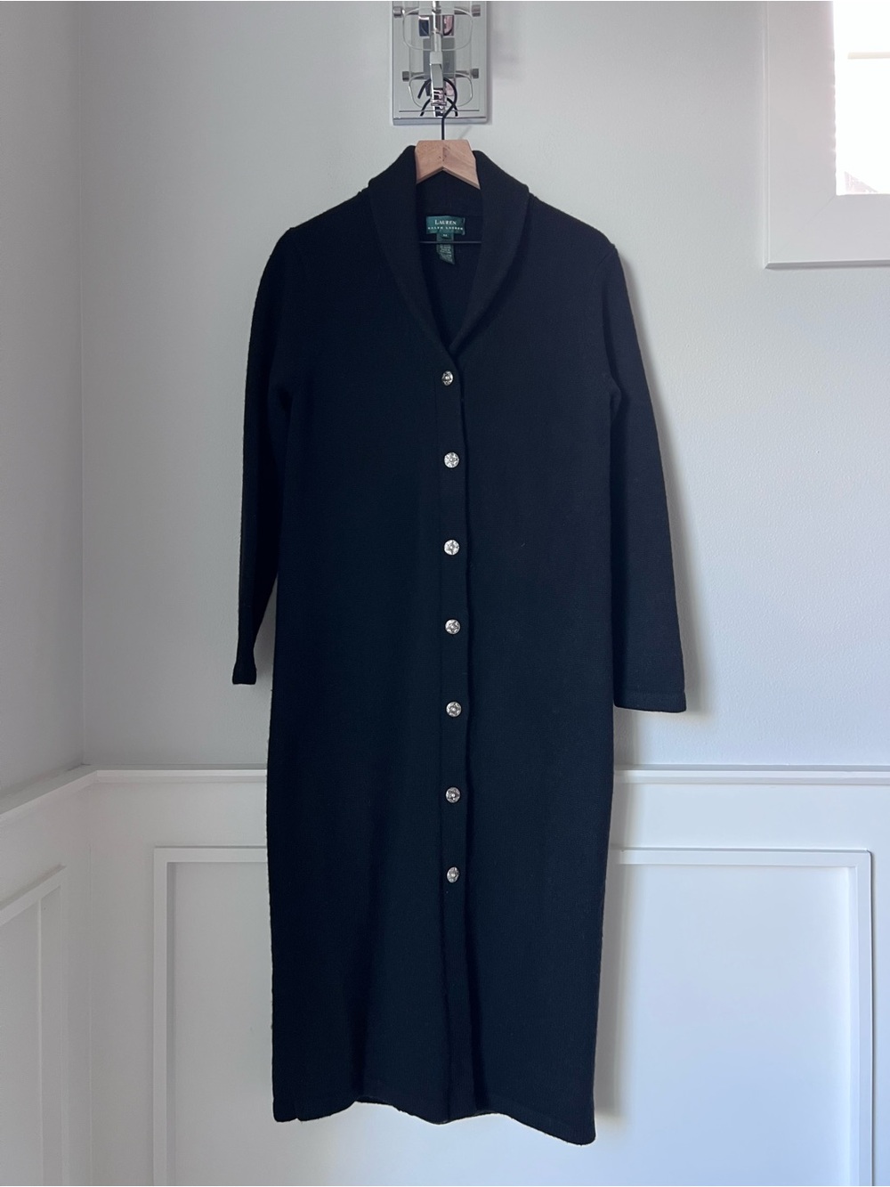 Lauren Ralph Lauren Black vintage lambwool Shawl-Collar long knit coat cardigan